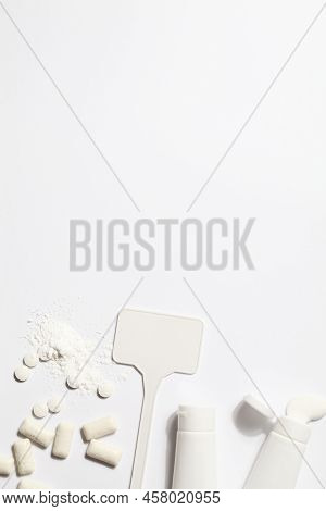 Titanium Dioxide, E171, Dangerous Additive Concept. Gum, Pills, Toothpaste, Powder And Sign With Spa