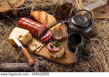 Sliced Cheese And Meat. Baguette Sandwich With Ham And Cheese. Folding Kitchen Knife. Top.