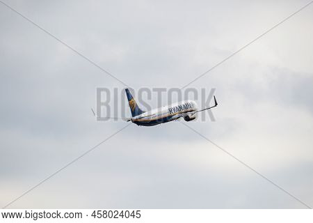 Ryanair Boeing 737-8as Airplane In The Sky. Flying Passenger Plane. Riga International Airport, Maru