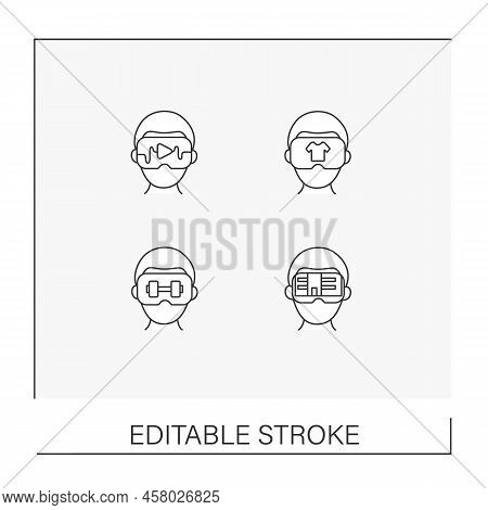 Vr Line Icons Set. Virtual Reality Haptic Gloves And Suit, Headset Computer, Applications Etc. Moder
