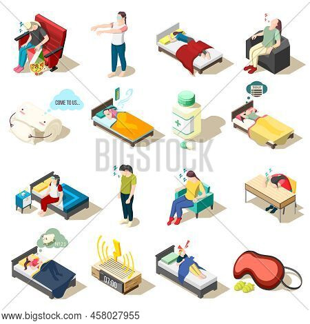 Set Of Isometric Icons Healthy Night Rest And Sleep Disorder, Objects For Good Dream, Isolated Vecto