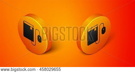 Isometric Electronic Book With Mouse Icon Isolated On Orange Background. Online Education Concept. E