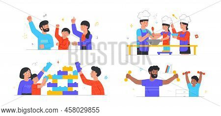 Set Of Family Home Activities. Parents And Children Dance To Cheerful Music, Assemble Construction K