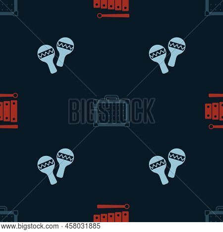 Set Xylophone, Guitar Amplifier And Maracas On Seamless Pattern. Vector