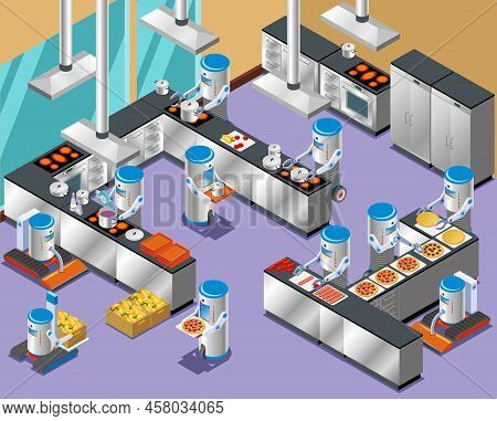 Isometric Robotic Restaurant Composition With Robots In The Restaurant Kitchen On Work Distribution 