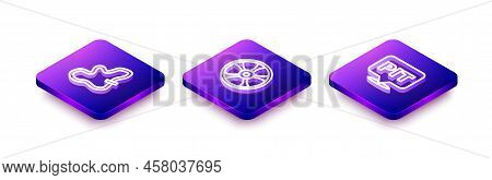 Set Isometric Line Racing Track, Alloy Wheel For Car And Pit Stop Icon. Vector