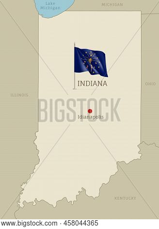 Map Of Indiana Usa Federal State With Waving Flag. Highly Detailed Editable Map Of Indiana State Wit