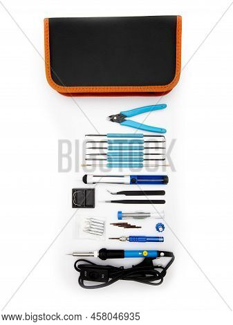 A Soldering Toolset In A Black Case Isolated In A White Background.black Bag With Soldering Accessor