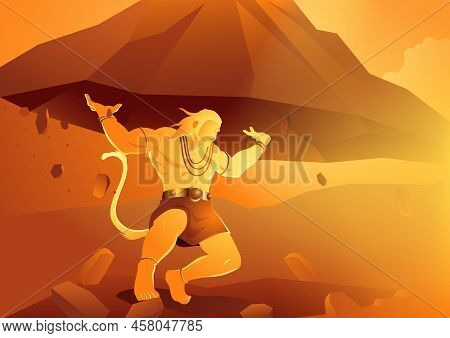 Vector Illustration Of Hanuman Lifting Up Dronagiri Mountain, Indian God Of Hindu