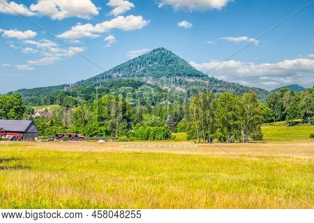 Panoramic View Of Klic Mountain On Sunny Summer Day. Cvikov, Lusatian Mountains, Czech Republic