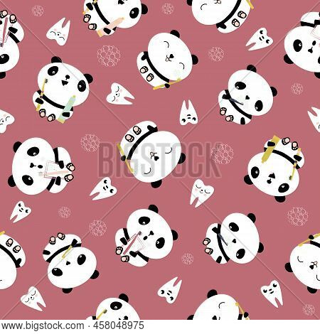 Kawaii Panda Kids Dental Health Care Vector Educational Seamless Pattern Background. Cute Cartoon Be