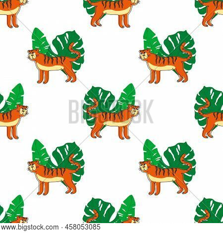 Seamless Pattern Of Adult Big Red Tiger Wildlife And Fauna Theme Cartoon Animal Design Flat Vector I