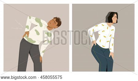 Set Of Characters Suffering From Back Pain. Young Man And Woman Holding Their Backs Or Lower Back. C