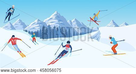 Winter Sport Activities Concept. Happy Men And Women Skiing Or Snowboarding In Snowy Alps Or Mountai