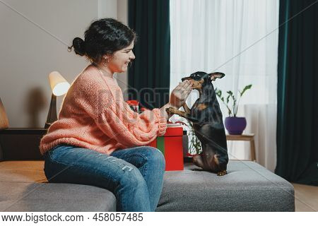 Happy Young Woman Giving Present For Her Dog From A Gift Box.
