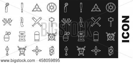Set Line Dynamite Stick And Timer Clock, Wooden Shield With Crossed Swords, Battle Hammer, Japanese 