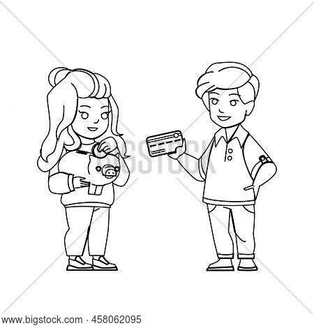 Kid Bank Vector. Money Family Finance, Girl Boy, Parent Save Piggy, Credit Card Kid Bank Character. 