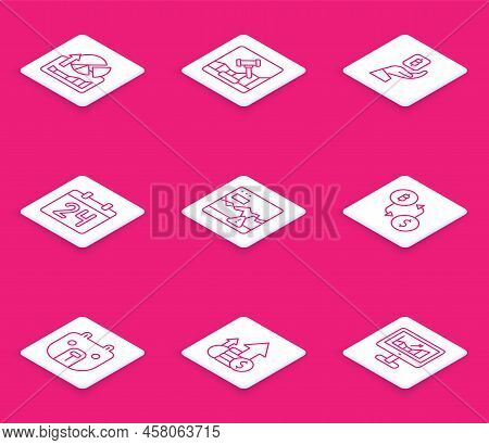 Set Line Stocks Market Growth Graphs, Online Internet Auction, Hand Holding Bitcoin, Calendar, Failu