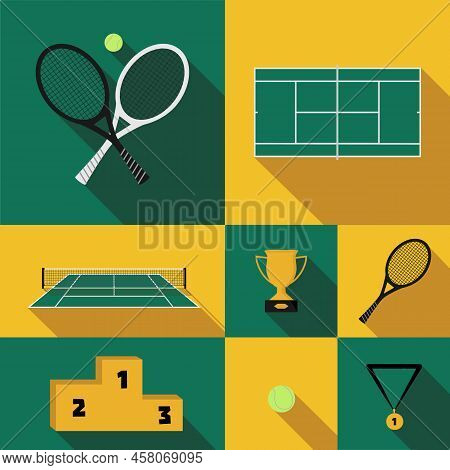 Tennis Icon Set In Flat Design Style: Racket, Balls, Court, Net, Prize Cup, Medal, Pedestal, Green G