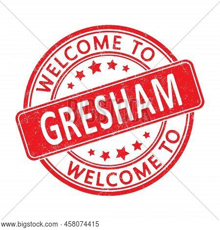 Welcome To Gresham. Impression Of A Round Stamp With A Scuff. Flat Style