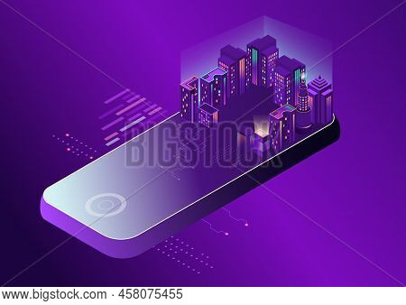 High-rise Buildings Of The City, Mobile Interface. Conceptual Banner Of Web Technologies.