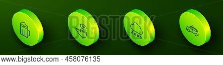 Set Isometric Line Wooden Beer Mug, Smoking Pipe, Cloud With Rain And Taxi Car Icon. Vector