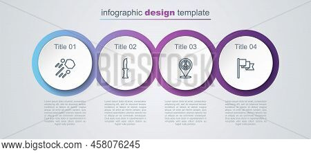 Set Line Flying Stone, Military Knife, Location Peace And Marker. Business Infographic Template. Vec
