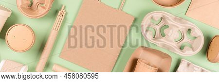 Flat Lay Banner Background With Eco Tableware, Paper Utensils And Disposable Paperware Set Over Ligh