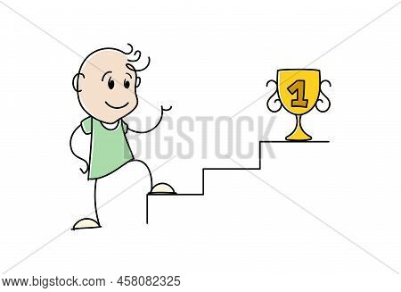 Smiling Stickman Standing In Front Of A Ladder And A Goblet. Cartoon Man Overcoming Obstacle On Way 