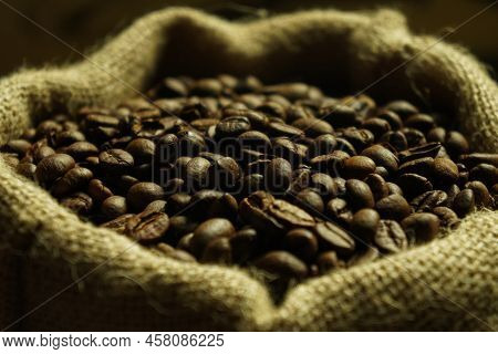 Black Roasted Coffee Beans. Cezva Cup Coffee Glass Rustic Style Turkish Ground Coffee