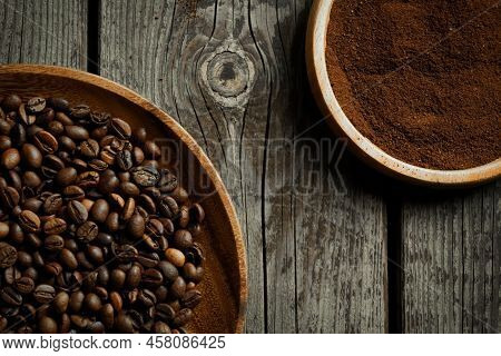 Black Roasted Coffee Beans. Cezva Cup Coffee Glass Rustic Style Turkish Ground Coffee