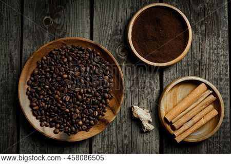 Black Roasted Coffee Beans. Cezva Cup Coffee Glass Rustic Style Turkish Ground Coffee