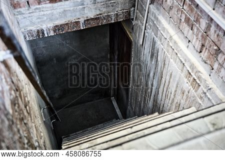 All The Bricks And Stairs Of The Damp Basement Were Covered With Salt And Mold. A Room That Has Not 