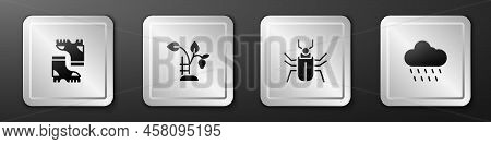 Set Waterproof Rubber Boot, Strawberry Bush, Insect Fly And Cloud With Rain Icon. Silver Square Butt
