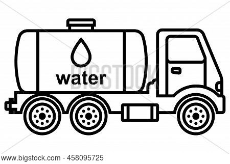 Black Icon Of A Truck With A Tank Brings Water. Flat Vector Illustration.