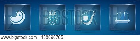 Set Steak Meat, Strawberry, Avocado Fruit And Jelly Cake. Square Glass Panels. Vector