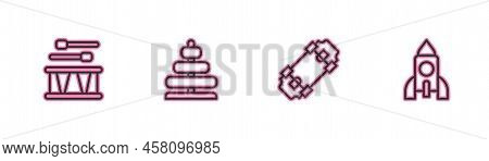 Set Line Drum With Drum Sticks, Skateboard, Pyramid Toy And Rocket Ship Icon. Vector