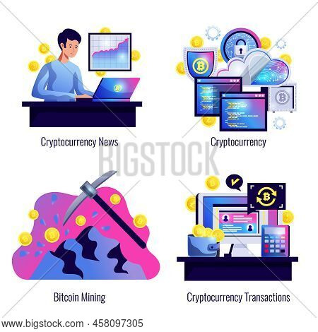 Cryptocurrency 2x2 Design Concept Set Of Bitcoin Mining Finance Market News And Cryptocurrency Trans
