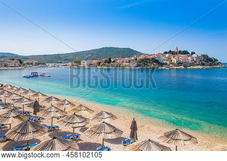 Town Of Primosten On Adriatic Sea In Dalmatia, Croatia, View From Air