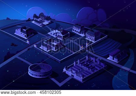 Rome Isometric Landscape With Antique Building Vector Night Cartoon Game Background. Capitol Temple 