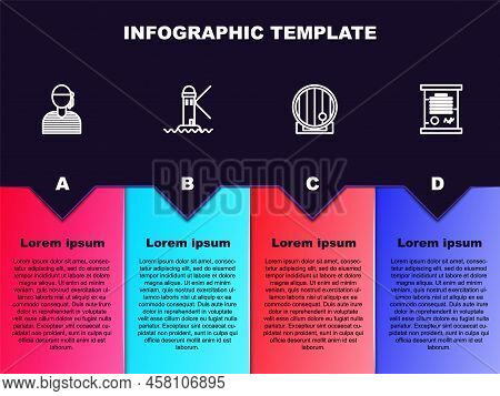 Set Line Sailor Captain, Lighthouse, Wooden Barrel And Decree, Parchment, Scroll. Business Infograph