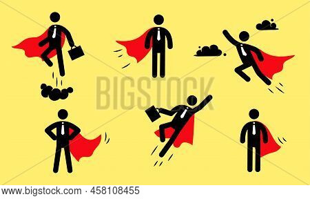 Superhero Business Pictogram Man Icon Set. Superhero Businessman Flying Stick Figure. Victory Worker
