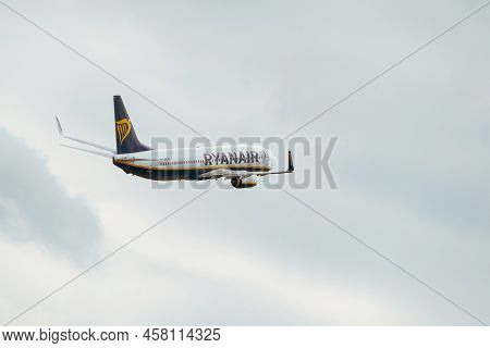 Ryanair Boeing 737-8as Airplane In The Sky. Flying Passenger Plane. Riga International Airport, Maru
