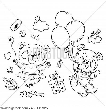 Set Of Cute Panda Characters. Panda In Striped T-shirt Flies On Balloons Panda Girl Ballerina In Dre