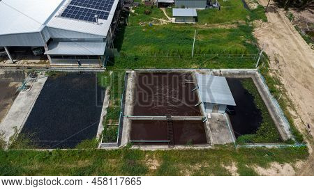 Water Recycling In Sewage Treatment Plant. Aerial View Of Waste Water Treatment