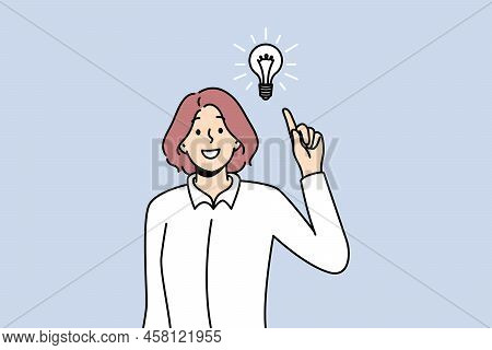 Smiling Woman With Lightbulb Get Innovative Business Idea. Happy Businesswoman Generate Thoughts Sol
