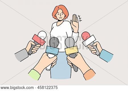 Woman Make No Comment Gesture At Interview With Reporters. Determined Female Show Stop Hand Sign Ref