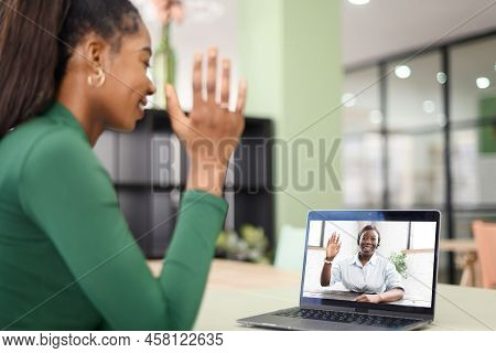 Female Freelancer, Student, Colleague Using Laptop For Virtual Meeting With Teacher Or Manager, Taki