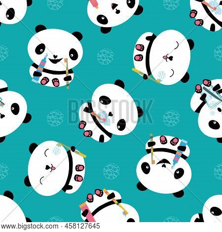 Kawaii Panda Kids Dental Health Care Vector Educational Seamless Pattern Background. Cute Cartoon Be