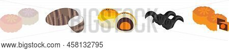 Cartoon Mid Autumn Festival Food Set. Collection Included Mooncake, Snow Skin Mooncake, Taro, Water 